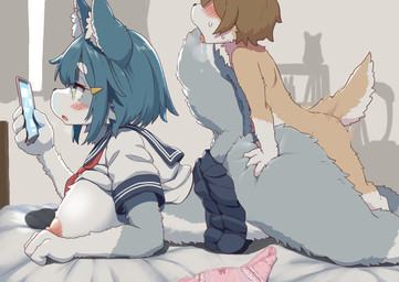 adult_on_young age_difference ambiguous_penetration anthro anthro_on_anthro anthro_penetrated anthro_penetrating anthro_penetrating_anthro areola bed big_breasts big_butt biped blue_body blue_fur blush blush_lines bodily_fluids bottomwear breasts brown_hair butt cellphone clothed clothed_anthro clothed_female clothing countershade_breasts countershade_face countershade_torso countershading disinterested_sex dripping duo electronics exposed_breasts female female_anthro female_penetrated from_behind_position fur furniture gloves_(marking) hair hand_on_butt holding_cellphone holding_object holding_phone huge_breasts kemono larger_female leg_markings looking_at_cellphone looking_at_object looking_at_phone looking_pleasured lying male male/female male_anthro male_penetrating male_penetrating_female markings multicolored_body multicolored_fur nipples nude nude_anthro nude_male older_female older_penetrated on_bed on_front open_mouth panties partially_clothed partially_clothed_anthro partially_clothed_female penetration penile penile_penetration phone pink_areola pink_nipples prone_bone_position raised_bottomwear raised_clothing raised_shirt raised_skirt raised_topwear saliva saliva_drip school_uniform sex shirt shota side_view size_difference skirt smaller_male socks_(marking) tail tan_body tan_fur tongue tongue_out topwear two_tone_body two_tone_fur underwear uniform white_body white_countershading white_fur young young_anthro young_male younger_male koorinezumi canid canine mammal hi_res