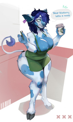 5_fingers anthro apron apron_only areola bangs big_breasts black_claws black_hooves blue_areola blue_body blue_eyebrows blue_eyes blue_fur blue_hair blue_markings blue_nipples blue_nose breasts claws clothing coffee_cup container cup eyebrows eyelashes female fingers fur green_apron green_clothing hair holding_container holding_cup holding_object holding_pencil hooves inside long_hair markings nipples pencil_(object) slightly_chubby slightly_chubby_female smile solo spots spotted_body spotted_fur standing tail tail_tuft talking_to_another text tuft wide_hips lipezkaya bovid bovine cattle mammal 2026 absurd_res colored digital_drawing_(artwork) digital_media_(artwork) english_text hi_res shaded
