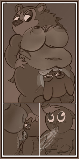 anthro belly big_breasts bodily_fluids border breasts cartoon_eyes cunnilingus duo female genital_fluids genitals grabbing_head hand_on_breast huge_breasts male male/female navel nipples oral orange_border overweight puffy_nipples sex simple_background slightly_chubby slightly_chubby_female small_comic spines standing standing_sex tail thick_thighs tired_eyes tongue tongue_out vaginal vaginal_fluids vulva amespinkinson animal_crossing nintendo moronga_(amespinkinson) sable_able eulipotyphlan hare hedgehog lagomorph leporid mammal 1:2 absurd_res comic hi_res monochrome