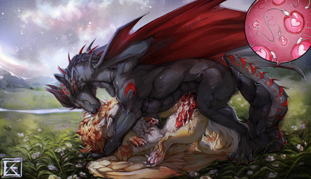 4_ears black_body black_scales bodily_fluids brown_body brown_fur claws cum cum_in_vagina cum_inside erection feathered_wings feathers female female_feral feral feral_on_feral fur genital_fluids genitals grass heart_symbol horn impregnation knot larger_feral larger_male male male/female male_feral multi_ear multiple_ova ovum ovum_with_heart pawpads penetration penis pink_pawpads plant red_knot red_penis red_tongue scales size_difference smaller_female smaller_feral sperm_cell tongue vaginal vaginal_penetration ventral_scales white_body white_claws white_fur white_horn wings zweikopfeinhorn mythology dragon felkin furred_dragon furred_scalie mythological_creature mythological_scalie scalie hi_res