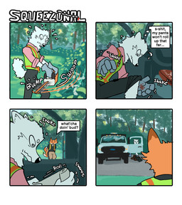 anthro bandage blood bodily_fluids bottomwear bottomwear_down chainsaw clothed clothed_anthro clothed_male clothing dialogue duo fully_clothed fully_clothed_anthro fully_clothed_male fur gloves grass handwear holding_chainsaw holding_object holding_power_tool holding_tool male orange_body orange_fur outside pants pants_down partially_clothed plant power_tool road rolled_up_pants rolled_up_sleeves safety_vest shaking speech_bubble standing tail text tools topwear torn_clothing tree truck vehicle vest white_body white_fur working worried wounded hieronymusjohnson kilo_(hieronymusjohnson) squeez_(hieronymusjohnson) canid canine canis domestic_dog fox mammal nordic_sled_dog samoyed spitz 2026 aliasing binary_drawing comic digital_drawing_(artwork) digital_media_(artwork) english_text hi_res