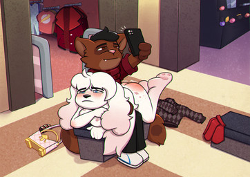 anthro bag butt_slap cellphone electronics embarrassed exposed mall nude phone public selfie shopping_center slap smartphone spanking sqwek canid canine canis domestic_dog mammal hi_res