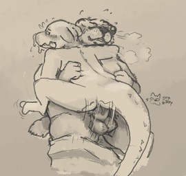 anal anal_penetration anthro arm_around_shoulders balls balls_deep blush bodily_fluids breath clothed clothing cum cum_on_face duo ears_down eyes_closed genital_fluids genitals male male/male overweight overweight_male partially_clothed penetration pivoted_ears precum spines sweat tail tongue tongue_out glorpgorp caves_of_qud otho_(caves_of_qud) bear mammal scalie
