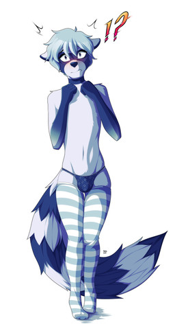 5_fingers anthro blue_body blue_clothing blue_fur blue_nose blue_underwear blush bulge clothed clothing femboy fingers fluffy fluffy_tail front_view fur gloves_(marking) grey_eyes grey_hair hair interrobang legwear looking_at_viewer male markings panties pattern_clothing pattern_legwear short_hair simple_background skimpy solo standing striped_clothing striped_legwear striped_markings striped_tail stripes surprised tail tail_markings thigh_highs topless underwear white_background white_body white_fur marblesoda mammal procyonid raccoon 2017 cel_shading digital_media_(artwork) full-length_portrait hi_res portrait shaded