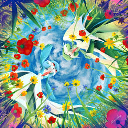 ambiguous_gender blue_pseudo_hair cloud duo eyes_closed flower grass green_pseudo_hair low-angle_view open_mouth plant pseudo_hair red_eyes sky tongue white_body vertlapin96 nintendo pokemon gardevoir generation_3_pokemon humanoid pokemon_(species) shiny_pokemon 1:1 2026 hi_res signature