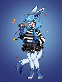 3_toes accessory anklet anthro anthrofied barefoot black_clothing blue_body blue_fur blue_hair bottomwear camera clothed clothing feet female fur hair hair_accessory hairclip happy heart_symbol jewelry long_hair long_sleeve_sweater looking_at_viewer midriff one_eye_closed pokemorph red_eyes simple_background skirt solo star tail toes wink winking_at_viewer honey_chan01 nintendo pokemon fan_character fayren_(nosenses) eeveelution generation_4_pokemon glaceon pokemon_(species) 3:4 absurd_res hi_res