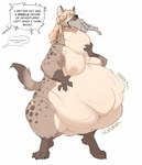 ambiguous_gender anthro belly belly_grab bodily_fluids breasts brown_body brown_fur bulging_neck collar digestion_noises drooling female fur group larger_pred nipples onomatopoeia oral_vore saliva size_difference slightly_chubby slightly_chubby_female sound_effects speech_bubble swallowing tan_body tan_fur tan_nipples text vore indigested_omelette omelette_(indigested_omelette) gnoll hyena mammal 2025 english_text hi_res