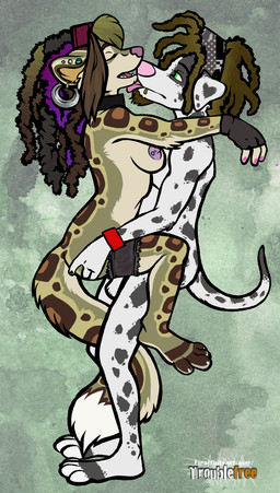 anthro breasts clothing dreadlocks duo ear_piercing eyes_closed facial_piercing female gloves hair handwear heart_symbol kerchief licking lip_piercing long_hair nipple_piercing nipples piercing tail tongue tongue_out troublefree paradox_(troublefree) canid canine canis dalmatian domestic_dog mammal hi_res