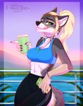 5_fingers anthro bra breasts clothed clothing day detailed_background eyebrows eyelashes female fingers hair midriff navel outside sky smile sports_bra underwear yellow_eyes ei-ka canid canine canis mammal wolf 2023 digital_media_(artwork) hi_res