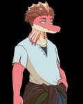 anthro clothed clothing frill_(anatomy) green_eyes hair long_snout male multicolored_body red_body sharp_teeth simple_background snout solo teeth transparent_background two_tone_body cavemanon cavemanon_studios i_wani_hug_that_gator damien_payne dilophosaurid dilophosaurus dinosaur prehistoric_species reptile scalie theropod 4:5 alpha_channel