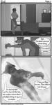 1:2 2017 alejandro_(xenoforge) animal_genitalia anthro canid canine canis cellphone clothed clothing comic conditional_dnp dialogue digital_drawing_(artwork) digital_media_(artwork) dobermann domestic_dog electronics english_text full-length_portrait fur genitals hair hi_res male mammal monochrome phone pinscher portrait sheath shower simple_background solo text url xenoforge