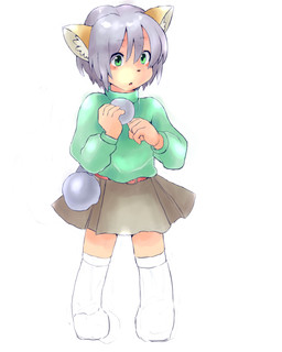 :o anthro bottomwear clothing female footwear green_clothing green_eyes grey_hair hair inner_ear_fluff kemono miniskirt open_mouth skirt socks solo tuft white_clothing white_footwear white_socks yellow_ear_ring hamada_(artist) 2012 4:5 absurd_res hi_res japanese_description