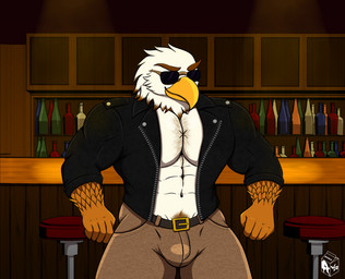 anthro bar biped body_hair bulge chest_hair clothing eyewear jacket leather male male_anthro muscular muscular_anthro muscular_male night pubes shirtless shirtless_anthro shirtless_male smile solo sunglasses topwear violet_raven accipitrid accipitriform avian bird eagle absurd_res hi_res