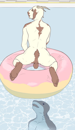 5_toes anthro anus backsack balls butt duo feet genitals humanoid_feet kneeling looking_at_viewer looking_back male muscular nude plantigrade pool_float rear_view swimming_pool toes water 9x9 aquatic barbari_goat bovid caprine domestic_goat fish goat mammal shark hi_res