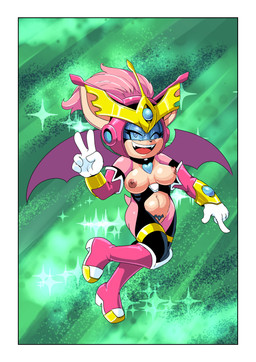 anthro areola armor border breasts butt clothing female gesture hair half-closed_eyes hand_gesture headgear helmet looking_at_viewer membrane_(anatomy) membranous_wings narrowed_eyes nipples one_eye_closed open_mouth smile solo tail tattoo teeth tongue v_sign white_border wings wink winking_at_viewer womb_tattoo extraspecialzone angel_blade sega sonic_the_hedgehog_(series) bessi_the_bat bat mammal absurd_res digital_media_(artwork) hi_res