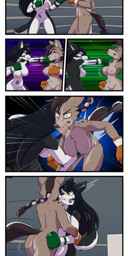 anthro arms_around_waist blood bodily_fluids boxing boxing_gloves boxing_gloves_only braided_hair breast_squish breasts bruised butt clothing duo emanata female female/female fight fighting_ring fur genitals hair hand_on_butt handwear handwear_only impact_lines mostly_nude multicolored_body multicolored_fur multicolored_hair nipples nude simple_background sport squish sweat two_tone_body two_tone_fur two_tone_hair vulva yellow_eyes deathzera canid canine canis domestic_dog husky mammal nordic_sled_dog spitz 2021 absurd_res comic digital_media_(artwork) hi_res