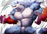 abs anthro arm_tuft big_muscles blue_body blue_fur featureless_crotch fluffy fluffy_chest fluffy_fur forearm_tuft forearms fur gloves_(marking) green_eyes male markings muscular muscular_anthro muscular_male red_body red_fur solo tuft white_body white_fur magangz campfire_cooking_in_another_world_with_my_absurd_skill fel_(fenrir) canid canine canis mammal wolf 2023 hi_res