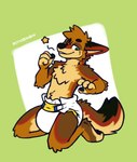 anthro belly brown_body brown_fur brown_hair clothed clothing diaper diaper_only front_view fur green_eyes hair kneeling looking_at_viewer male one_eye_closed simple_background smile smiling_at_viewer solo star tan_belly topless wearing_diaper white_diaper wink winking_at_viewer littlebeauboy levi_sheppy_(betaetadelota) canid canine canis domestic_dog german_shepherd herding_dog mammal pastoral_dog absurd_res hi_res