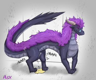 black_body bodily_fluids embarrassed feral fur genital_fluids grey_body hair horn humiliation male nude omorashi peeing puddle purple_body purple_fur purple_hair shaking shaking_legs shuddering simple_background solo straining tail text urine urine_stream watersports avox_(artist) mythology avox dragon mythological_creature mythological_scalie pherodrake scalie 6:5 absurd_res digital_media_(artwork) english_text hi_res story story_at_source story_in_description