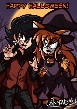 adolescent anime_style anthro asian black_bottomwear black_cape black_clothing black_hair black_pants black_shirt black_topwear blue_eyes bottomwear branch brown_eyes cape clothing costume dress duo fake_blood fangs female forest forest_background fur green_clothing hair halloween_costume hat headgear headwear heterochromia holidays jacket jacket_vest jewelry male male/female moon nature nature_background necklace orange_body orange_fur orange_hair pants plant purple_clothing purple_dress purple_hat purple_headwear purple_witch_hat red_clothing red_jacket red_jacket_vest red_topwear red_vest shirt skirt smile tail teeth text topwear tree vampire_costume vest white_body white_clothing white_fur witch_costume witch_hat yellow_moon young cabimangaka halloween project_youth youth_days mahou_yumon ramune_dagwa domestic_cat felid feline felis human mammal absurd_res english_text hi_res shaded signature