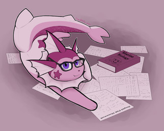 book cute_fangs eyewear fangs feral glasses homework looking_up lying male markings nerd on_side pink_body solo teeth pseudokym nerd_emoji_(meme) nintendo pokemon eeveelution generation_1_pokemon pokemon_(species) vaporeon 2025 absurd_res digital_media_(artwork) hi_res