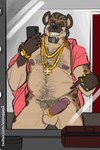 accessory anthro balls body_hair bottomless brown_body brown_fur chest_hair clock clothed clothing cock_ring electronics erection facial_hair foreskin fur genitals goatee gold_(metal) gold_jewelry gold_tooth hair jewelry male mature_anthro mature_male mirror mirror_selfie necklace nipples one_eye_closed open_clothing open_topwear overweight overweight_anthro overweight_male penis penis_accessory penis_jewelry phone pubes retracted_foreskin ring selfie slightly_chubby solo topwear watch wink wristwatch snoopjay2 desmond_sutherland hyena mammal spotted_hyena hi_res