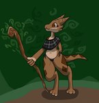 :3 anthro belly black_clothing brown_body brown_eyes brown_scales brown_tail clothing female magic magic_staff markings multicolored_body multicolored_scales multicolored_tail navel paws scales smile solo staff stick tail squablodecomplash wiggles_(squablodecomplash) kobold scalie 2019 hi_res