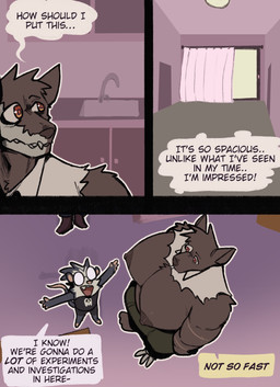 3_panel_comic anthro black_body black_fur bodily_fluids bone box clothed clothing container dialogue duo eyewear fur glasses male muscular open_mouth round_glasses skull skull_head speech_bubble sweat teeth text topwear wearing_glasses king_slabu adrian_(king_slabu) nolan_(king_slabu) american_opossum canid canine canis domestic_dog mammal marsupial spirit virginia_opossum comic digital_media_(artwork) english_text hi_res