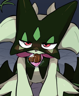 ambiguous_gender anthro bed blush blush_lines candy chocolate dessert flower_(anatomy) food fur furniture green_body green_ears green_fur looking_at_viewer looking_up looking_up_at_viewer mask on_bed pink_eyes pink_nose solo letaslettuce nintendo pokemon generation_9_pokemon meowscarada pokemon_(species) 2026 hi_res