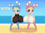 anthro beach big_breasts black_bottomwear black_clothing black_eyes black_topwear blonde_hair blue_background blue_body blue_clothing blue_eyeshadow blue_fur blue_headwear blush blush_stickers bottomwear breast_play breasts camel_toe clothing duo eyelashes eyeshadow female female/female fur hair headgear headwear huge_breasts looking_at_viewer makeup nipple_outline pink_body pink_clothing pink_fur pink_headwear polka_dots sea seaside short_stack simple_background sky smile topwear water white_body white_bottomwear white_clothing white_fur white_topwear yellow_background derpyharpy animal_crossing nintendo chrissy_(animal_crossing) francine_(animal_crossing) lagomorph leporid mammal rabbit animated short_playtime incest_(lore) sibling_(lore) sister_(lore) sisters_(lore)