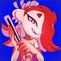 accessory blue_background clothed clothing ear_piercing eyelashes fangs female front_view hair hair_over_eye headband holding_fan humanoid_pointy_ears light_body light_skin looking_at_viewer not_furry piercing pointy_ears pseudo_hair red_hair simple_background slim_female slim_humanoid solo teeth tentacle_hair tentacles topwear pokunchan nintendo splatoon shiver_(splatoon) animal_humanoid aquatic aquatic_humanoid cephalopod cephalopod_humanoid humanoid mollusk mollusk_humanoid octarian octoling 1:1 2023 absurd_res half-length_portrait hi_res portrait restricted_palette