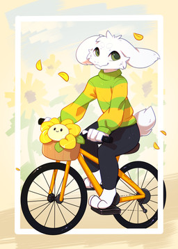 3_toes 4_fingers anthro barefoot bicycle biped black_bottomwear black_clothing black_pants bottomwear circle_eyebrows closed_smile clothed clothed_anthro clothed_male clothing eyebrows feet fingers flesh_fang floppy_ears fluffy fluffy_tail front_view fully_clothed fully_clothed_anthro fully_clothed_male fur green_clothing green_eyes green_pupils green_stripes green_sweater green_topwear looking_aside lop_ears male male_anthro monotone_body monotone_bottomwear monotone_clothing monotone_fur monotone_pants mouth_closed multicolored_clothing multicolored_sweater multicolored_topwear on_bike on_vehicle pants pattern_clothing pattern_sweater pattern_topwear plantigrade pupils riding_bike short_tail sitting sitting_on_vehicle slim slim_anthro slim_male smile solo striped_clothing striped_sweater striped_topwear stripes sweater tail three-quarter_view toes topwear turtleneck two_tone_clothing two_tone_sweater two_tone_topwear vehicle white_body white_eyebrows white_fur white_sclera white_tail yellow_clothing yellow_stripes yellow_sweater yellow_topwear young young_anthro young_male bloominglynx undertale undertale_(series) asriel_dreemurr boss_monster_(undertale) bovid caprine goat mammal 2025 absurd_res digital_drawing_(artwork) digital_media_(artwork) full-length_portrait hi_res portrait