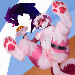 anthro anus breasts butt clitoral_hood clitoris cosmic_fur cosmic_hair dark_eyeshadow eldritchhippo ethereal_hair exposed_breasts female food fur genitals legs_up lying nipples on_back pancake paws pink_anus pink_body pink_eyes pink_fur pink_nipples pink_paws pink_vulva plate plumpy_pussy plumpy_vagina plumpy_vulva presenting shadow solo spread_legs spreading suggestive suggestive_look sweets tail thicc_legs vulva white_body white_fur canid canine canis domestic_dog mammal hi_res