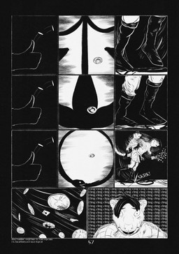 11_panel_comic anthro black_eyes boots brown_hair clothed clothing coin exclamation_point eyebrows fingers footwear gloves hair handwear male motion_lines open_mouth shoes solo sound_effects teeth text white_sclera white_text leprzil 2026 artist_name comic english_text hi_res monochrome