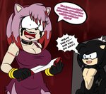 anthro big_breasts black_clothing black_gloves black_handwear blood bodily_fluids breasts clothing dress duo female gloves handwear knife makeup male male/female scar scary soulyagami64 sega sonic_the_hedgehog_(series) amy_rose fan_character nuke_the_hedgehog hi_res