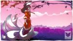 anthro atmospheric_perspective black_hair black_nose blue_eyes border clothed clothing detailed_background female footwear fully_clothed hair holding_object multi_tail sandals shoes side_view tail text white_border kiaun canid canine fox mammal 16:9 2017 digital_media_(artwork) halftone hi_res url watermark widescreen