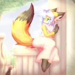 anthro biped black_body black_fur blue_eyes claws clothed clothing female fence fur grass hair orange_body orange_fur outside plant purple_hair sitting solo tree wood hazukikai noel_(hazukikai) canid canine fox mammal 1:1 2014 hi_res