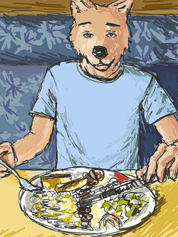 anthro biped black_nose clothed clothing cutlery food fork fur holding_object kitchen_utensils knife looking_at_viewer male plate shirt sitting solo t-shirt tan_body tan_fur tools topwear nouns canid canine canis domestic_dog mammal colored_sketch sketch