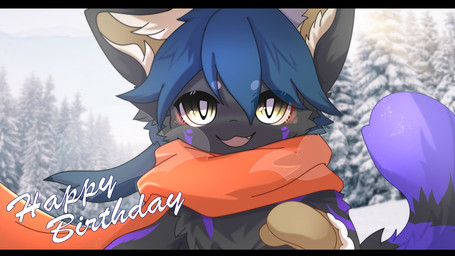 anthro big_eyes biped black_bars black_body black_fur blue_hair cute_fangs fangs fur hair kemono looking_at_viewer male open_mouth red_scarf scarf slim_anthro slim_male snow solo teeth white_body white_fur winter yellow_eyes hlg7777 domestic_cat felid feline felis mammal 2020 letterbox
