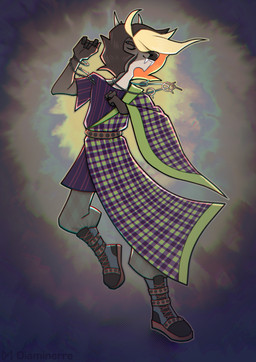 abstract_background accessory anthro bite blonde_hair blue_body blue_eyes blue_skin brown_body brown_fur brown_hair cloak clothing dancing eyebrow_piercing eyes_closed facial_piercing fangs fur hair horn male orange_hair pattern_clothing piercing plaid plaid_clothing pupils smile solo standing striped_body stripes tail tan_body tan_skin teeth diaminerre neth_(diaminerre) cervine deer mammal muntjac 2026 digital_media_(artwork) full-length_portrait portrait signature watermark