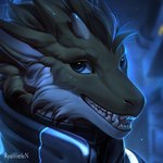 ambiguous_gender anthro black_body black_fur blue_eyes blurred_background fur solo teeth white_body white_fur k-dromka kdromka ryanneilen mythology dragon furred_dragon furred_scalie mythological_creature mythological_scalie scalie 2025 signature