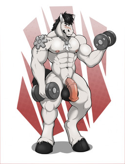 abs abstract_background animal_genitalia animal_penis anthro balls beard biceps black_balls black_beard black_facial_hair black_mane black_tail dumbbell ear_piercing equine_genitalia equine_penis exercise eyebrows facial_hair facial_scar flaccid fur genitals looking_down male mane muscular muscular_anthro muscular_male navel nipples nude nude_workout penis piercing pink_nipples pink_penis red_eyes scar shadow solo standing tail vein veiny_penis weights white_body white_fur vexedlupine odin_(diabloenmusica) equid equine horse mammal 2021 absurd_res digital_media_(artwork) hi_res signature