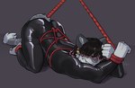 anthro bdsm biped black_latex bondage bound hair hair_over_eye inviting_viewer latex latex_suit looking_at_viewer male red_rope restraints rope rope_bondage slim_anthro slim_male solo fanteliscio felid mammal pantherine snow_leopard absurd_res hi_res