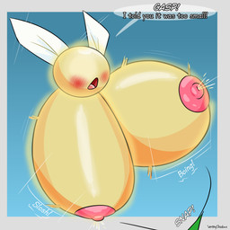 areola big_breasts blush bodily_fluids breasts exclamation_point female huge_breasts hyper hyper_breasts lactating milk nipples not_furry onomatopoeia open_mouth pink_areola pink_nipples solo sound_effects speech_bubble text wings yellow_body venting_shadows majora's_mask nintendo the_legend_of_zelda tatl_(tloz) fairy 1:1 absurd_res english_text hi_res