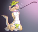 anthro balls_outline blindfold bulge clothing collar detailed_bulge fur genital_outline green_hair hair hands_behind_back jockstrap kneeling leash male nipples pink_nose simple_background solo submissive submissive_male tan_body tan_fur tongue tongue_out underwear whiskers magferret_(artist) magferret domestic_ferret mammal mustelid musteline true_musteline weasel