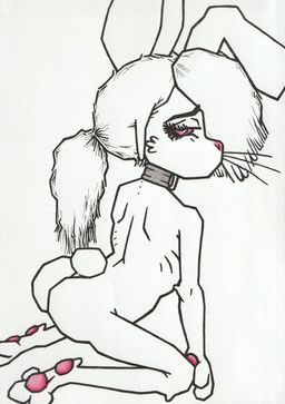 anthro butt butt_focus collar dark_eyebrows female floppy_ears fur hair ink inkpen kneeling nude pawpads paws ponytail solo tail whiskers white_body white_fur young young_anthro missmare(artist) squishymare briar_(squishymare) lagomorph leporid mammal rabbit absurd_res colored_pencil_(artwork) hi_res traditional_media_(artwork)