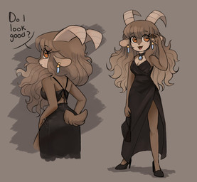 2_horns anthro black_bag black_clothing black_dress black_footwear black_high_heels breasts brown_eyes brown_hair cleavage clothed clothing dialogue dress ear_piercing ear_ring female footwear hair high_heels holding_bag horn long_hair multiple_angles open_mouth piercing ring_piercing shoes sleeveless_dress smile solo standing tail text okaliz adeline_(okaliz) bovid caprine goat mammal absurd_res english_text hi_res