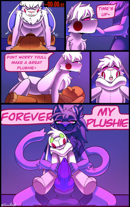 animal_genitalia anthro balls big_balls big_penis bodily_fluids brainwashing chastity_cage chastity_device cross-eyed dialogue duo erection genital_fluids genitals glowing glowing_eyes half-closed_eyes huge_balls huge_penis knot knotted_penis male male/male mind_control money narrowed_eyes nude penis piercing plushie plushie_transformation plushophilia precum ringed_eyes sex_doll sex_toy sheath speech_bubble text transformation queenrupti bobbie_(bobbiethebunny) rupti felid lagomorph leporid mammal pantherine rabbit tiger absurd_res comic english_text hi_res