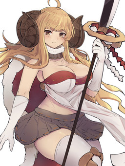 absolute_territory ahoge bangs blonde_hair bottomwear breasts brown_eyes cape clothing curled_horn female hair horn legwear melee_weapon miniskirt naginata polearm skirt solo thigh_highs weapon yonaga cygames granblue_fantasy anila_(granblue) animal_humanoid bovid bovid_humanoid draph horned_humanoid humanoid mammal mammal_humanoid 3:4 hi_res