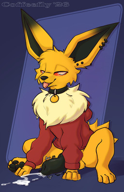 animal_genitalia animal_penis balls big_penis black_pawpads black_penis bodily_fluids bottomless canine_genitalia canine_penis clothed clothed_feral clothing cum cum_on_ground cumshot ear_piercing ear_ring ejaculation erection fangs feral fur genital_fluids genitals hands-free hoodie huge_penis knot looking_at_viewer male orgasm pawpads penis piercing red_sclera ring_piercing sitting smile solo spontaneous_ejaculation spread_legs spreading teeth tongue tongue_out topwear yellow_body yellow_fur coffeefly nintendo pokemon tarma eeveelution generation_1_pokemon jolteon pokemon_(species) hi_res